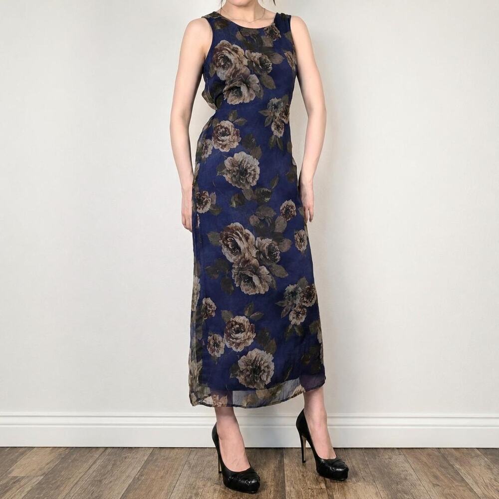 Vintage Maxi Dress Floral Rose Blue Waist Tie 5/6 USA Cottagecore Wedding Guest
